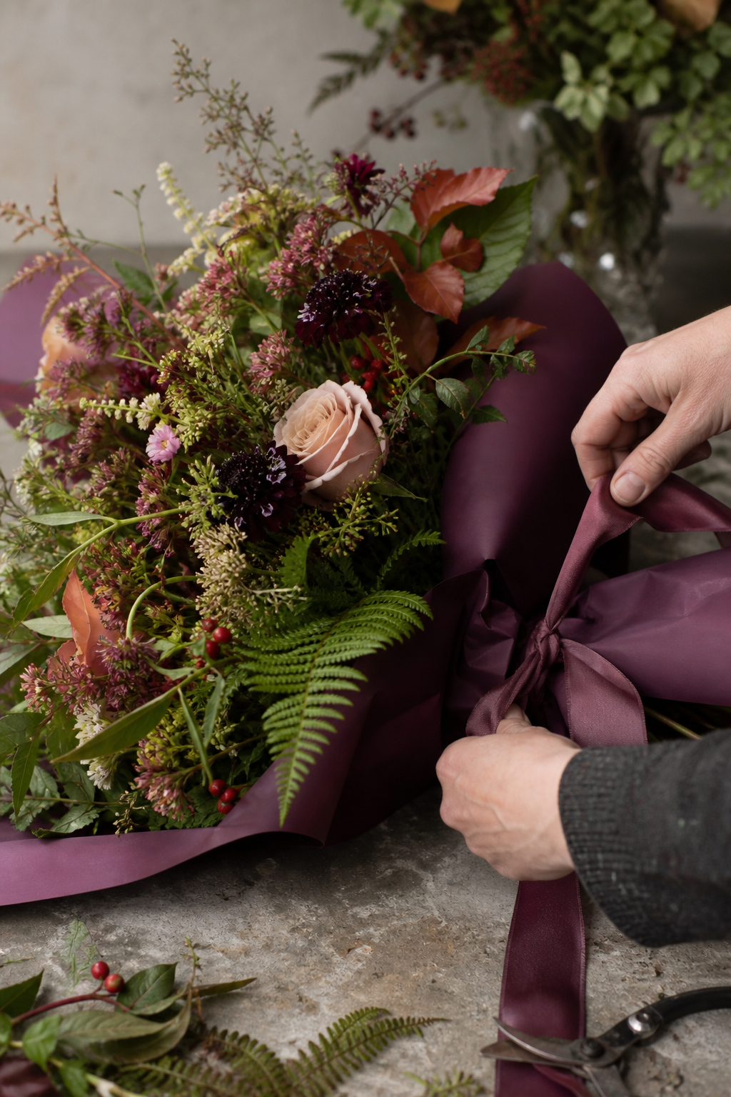 Hands wrapping a woodland bouquet in deep plum paper