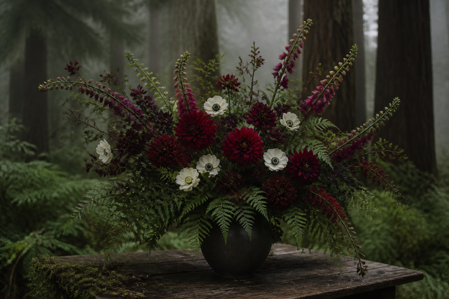 A woodland flower arrangement in a dark ceramic vase
